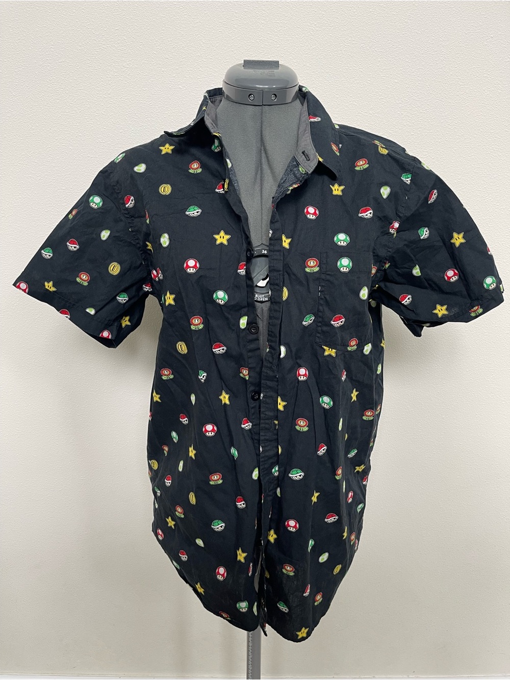 Women’s Mario Brothers Black Short-Sleeve Button-Up Shirt Colorful Icon Print